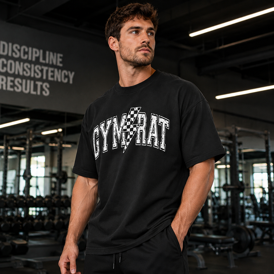 Gym Rat - Checkered Bolt Varsity Graphic Tee - mockup
