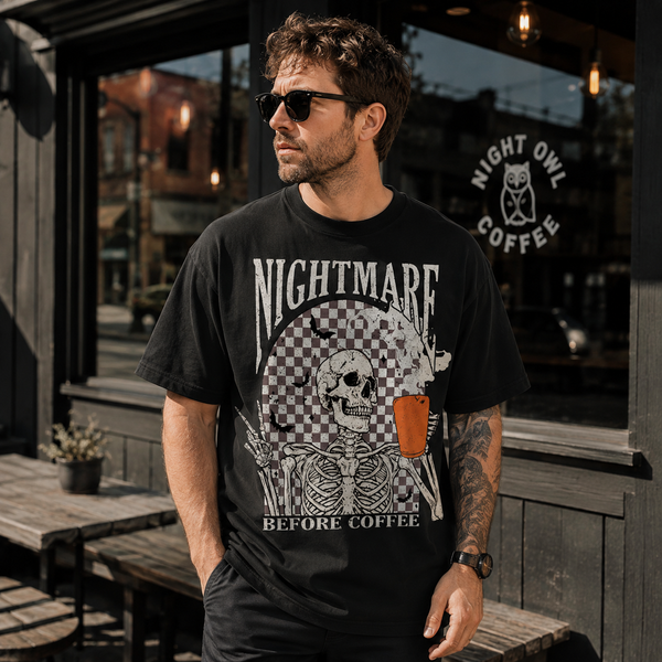 Nightmare Before Coffee - Checkerboard Skeleton Graphic Tee - lifestyle