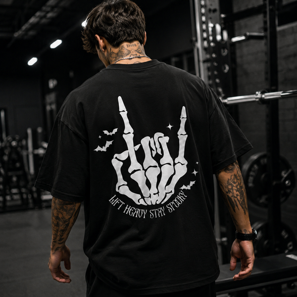 Lift Heavy Stay Spooky - Skeleton Hand, Bats and Bold Back Print - lifestyle