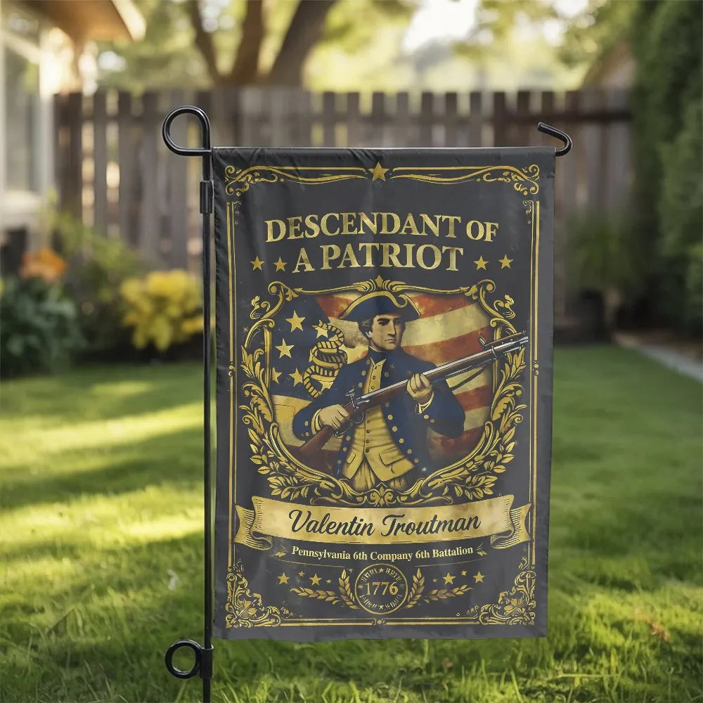Descendant of a Patriot Garden Flag | Personalized 1776 Revolutionary War Design | Weatherproof Double Sided Polyester | Gift