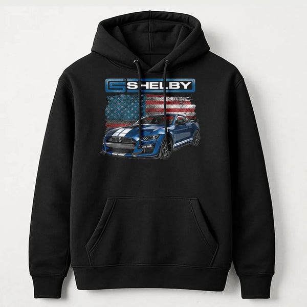 Mustang Muscle Car Hoodie | American Flag Shelby Design | Premium Cotton Blend Pullover | Gift for Car Enthusiast & Gearhead