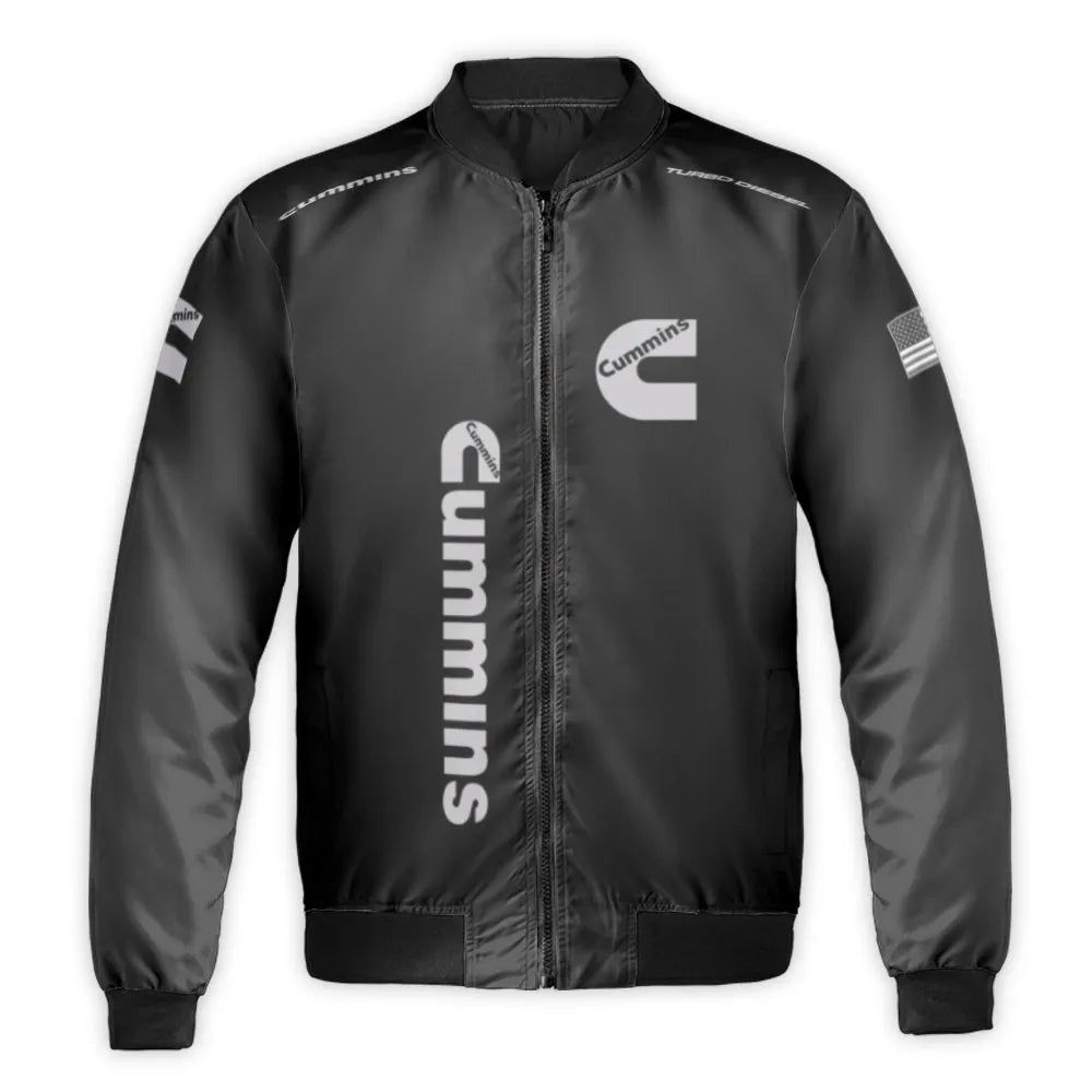 Diesel Engine Bomber Jacket | Cummins Turbo Logo & American Flag | Premium Nylon Streetwear | Trucker & Mechanic Gift