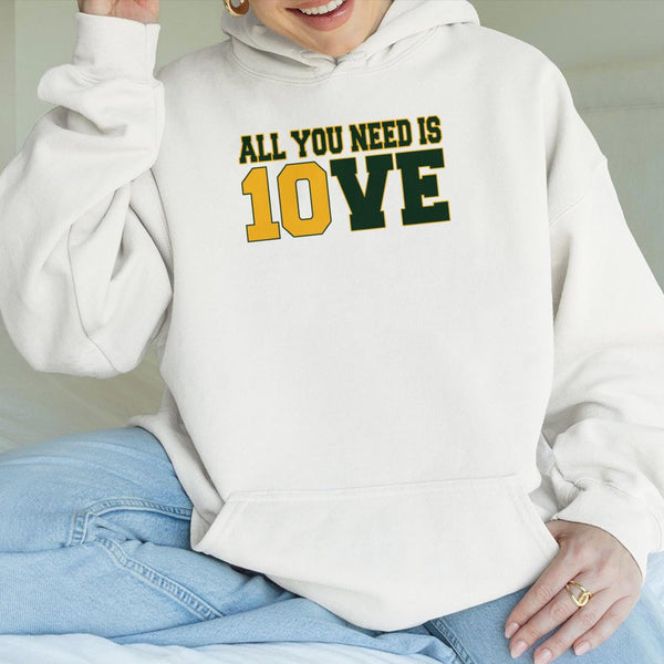 Jordan Love Football Hoodie | All You Need Is Love Graphic Print | Premium Cotton-Poly Blend | Unisex Green Bay Fan Gift