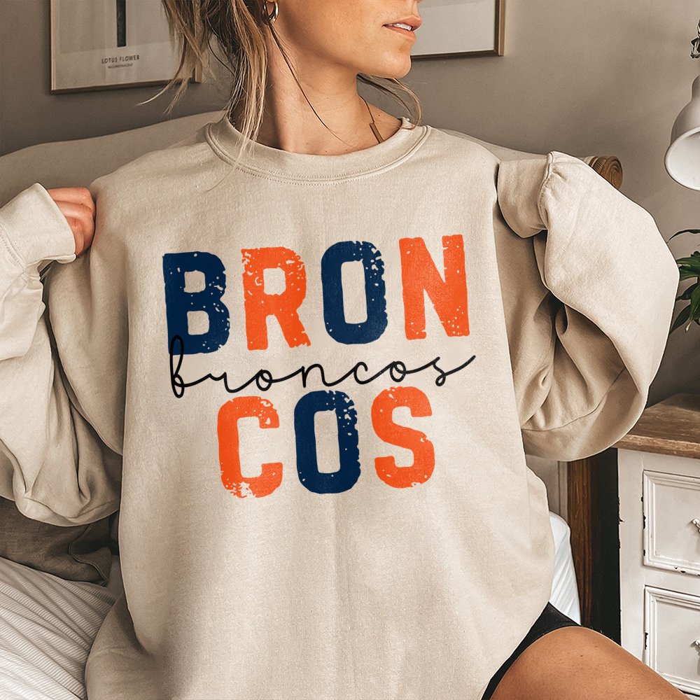 Broncos Football Sweatshirt | Distressed Varsity Lettering | Cotton Polyester Blend | Premium Fan Apparel Gift For Denver Fan