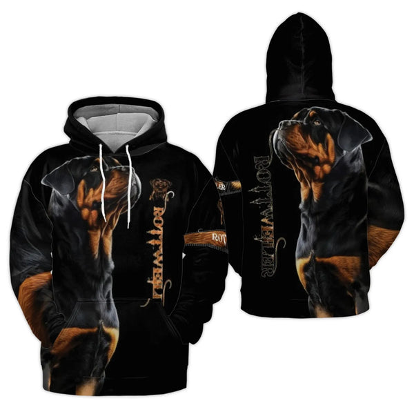 Rottweiler 3D Hoodie | Realistic Dog Portrait Graphic | Premium Polyester Brushed Fleece | Unique Gift for Dog Lovers