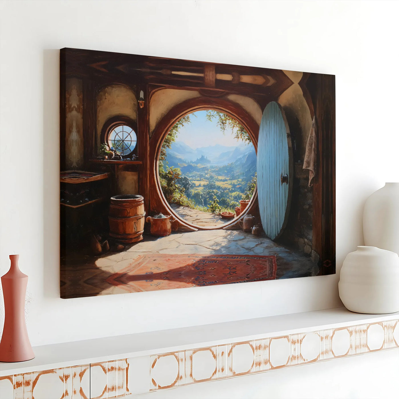 Fantasy Landscape Canvas Wall Art | Round Door Hobbit Home View | Premium Stretched Gallery Wrap | Unique Gift for Book and M