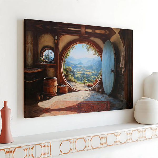 Fantasy Landscape Canvas Wall Art | Round Door Hobbit Home View | Premium Stretched Gallery Wrap | Unique Gift for Book and M