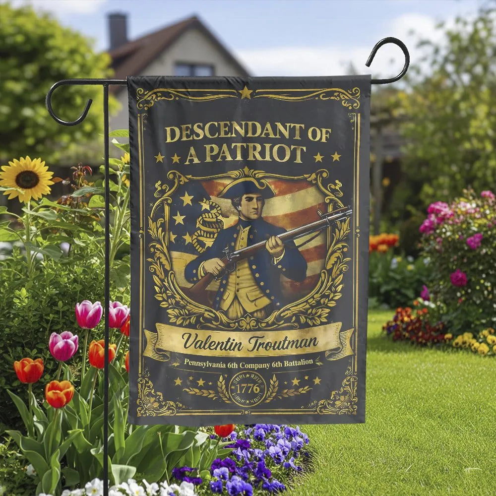 Descendant of a Patriot Garden Flag | Personalized 1776 Revolutionary War Design | Weatherproof Double Sided Polyester | Gift