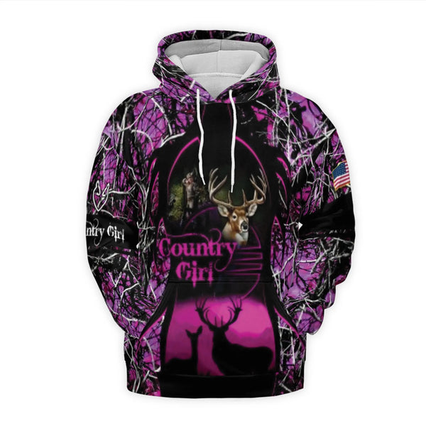 Country Girl 3D Hoodie | Pink Camo Deer Hunting Design | Premium Brushed Fleece Lining | Gift For Outdoorsy Women