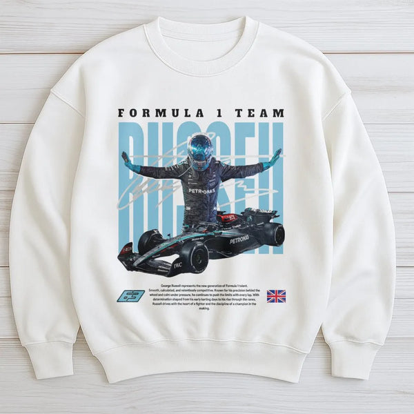 George Russell F1 Sweatshirt | Mercedes Racing Graphic Print | Premium Cotton-Blend Apparel | Formula 1 Fan Gift For Motorspo