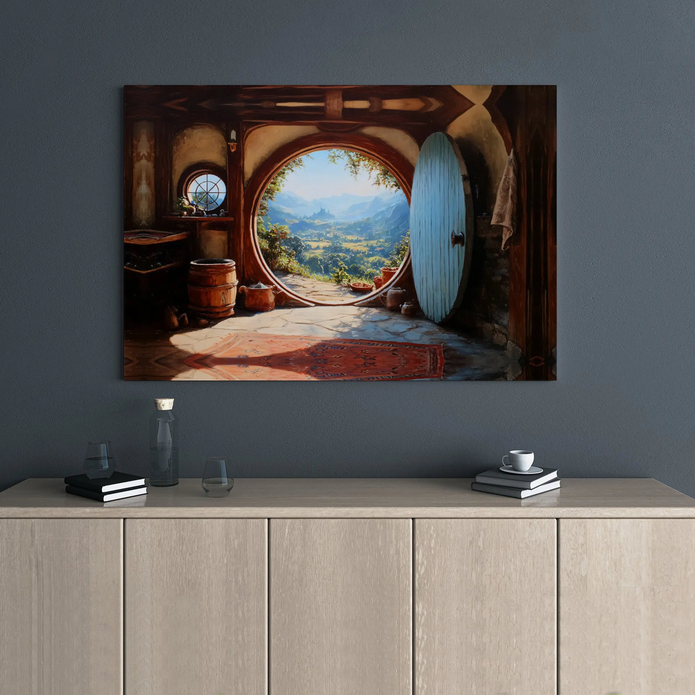 Fantasy Landscape Canvas Wall Art | Round Door Hobbit Home View | Premium Stretched Gallery Wrap | Unique Gift for Book and M