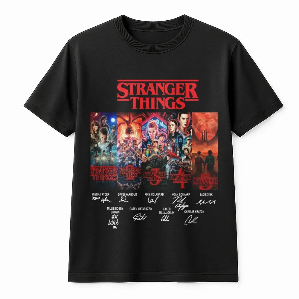 Stranger Things Graphic T-Shirt | Retro Cast Autograph Collage Print | Premium Soft Cotton Tee | Perfect Sci-Fi Fan Gift for 