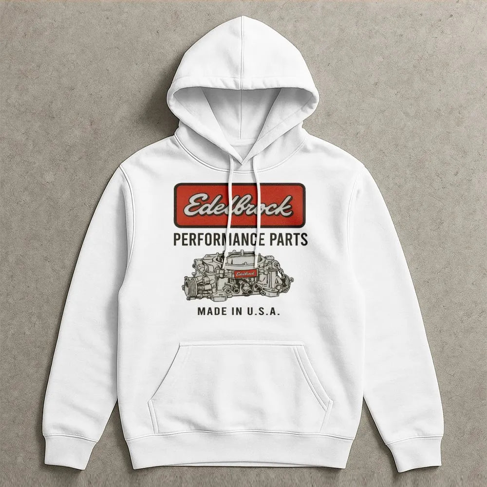 Edelbrock Performance Parts Hoodie | Classic Racing Carburetor Graphic | Premium Cotton Blend | Gift for Car Enthusiasts and 