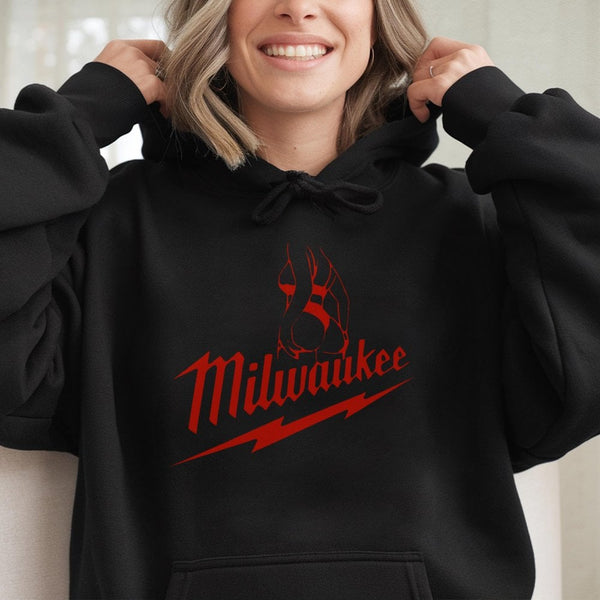 Funny Milwaukee Graphic Hoodie | Parody Tool Brand Logo Design | Premium Cotton Blend Pullover | Humorous Gift for DIY Worker