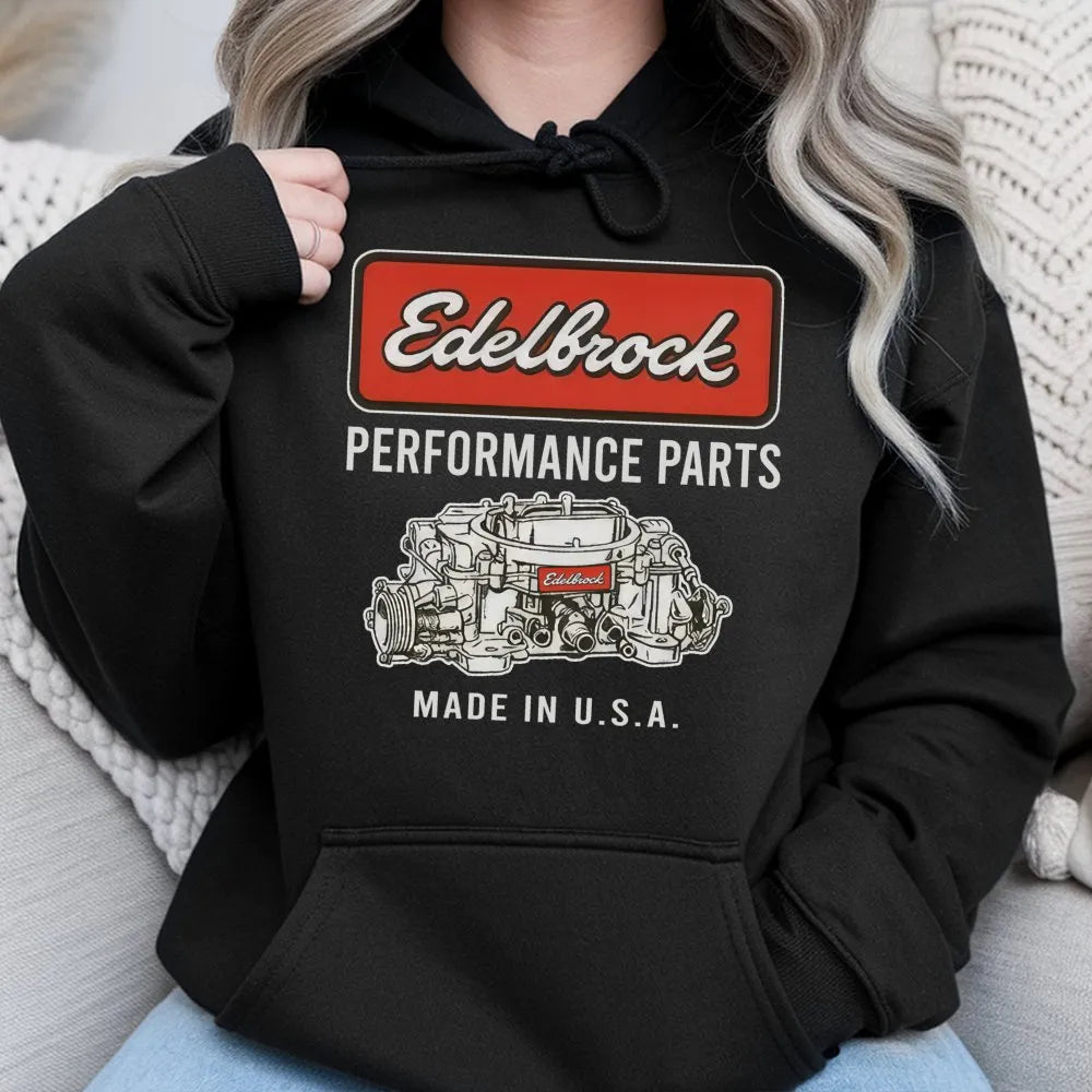 Edelbrock Performance Parts Hoodie | Classic Racing Carburetor Graphic | Premium Cotton Blend | Gift for Car Enthusiasts and 