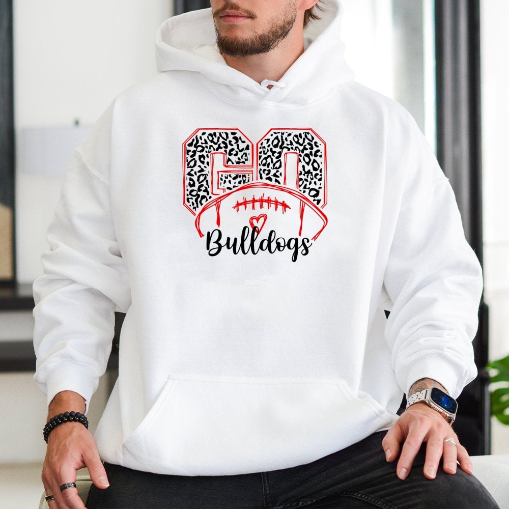 Bulldogs Football Hoodie | Leopard Print Game Day Graphic | Soft Cotton-Poly Blend | Unisex Spirit Wear for Fans and Students