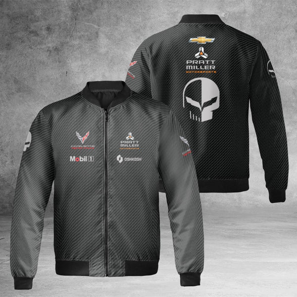 Corvette Racing Bomber Jacket | Carbon Fiber Print Skull Design | Premium Quilted Lining | Motorsports Fan Gift