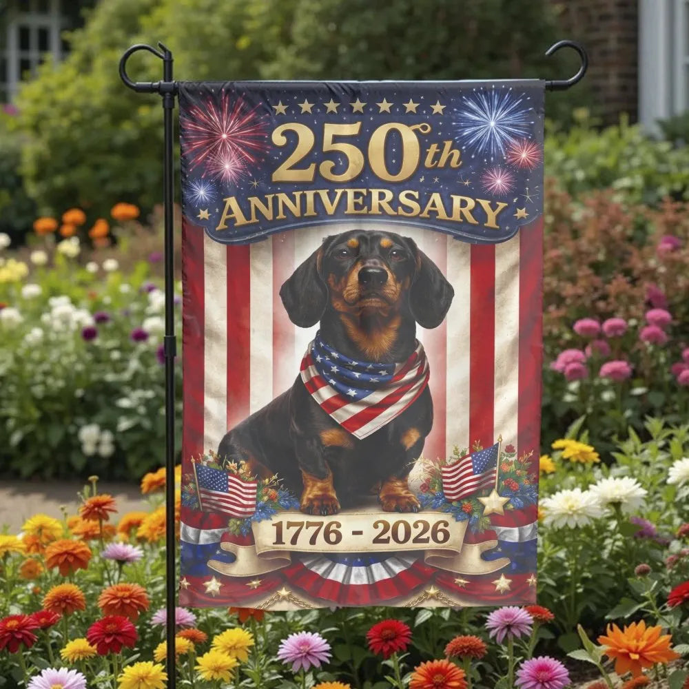 America 250th Anniversary Garden Flag | Patriotic Dachshund Dog | Weather-Resistant Double Sided Fabric | USA Sestercentennia