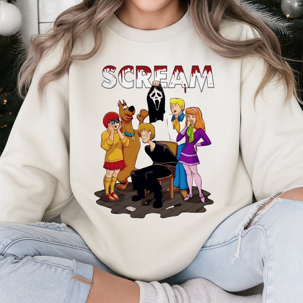 Cartoon Mystery Crew Horror Mashup Sweatshirt | Funny Halloween Graphic Pullover | Soft Cotton Blend Unisex Apparel | Unique 