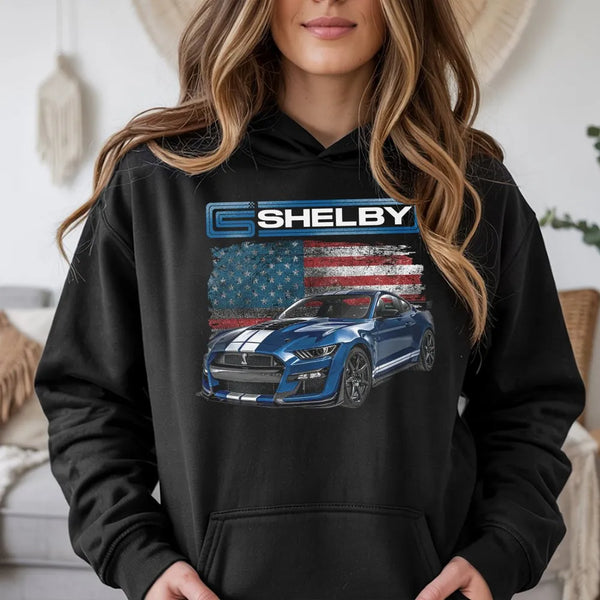 Mustang Muscle Car Hoodie | American Flag Shelby Design | Premium Cotton Blend Pullover | Gift for Car Enthusiast & Gearhead