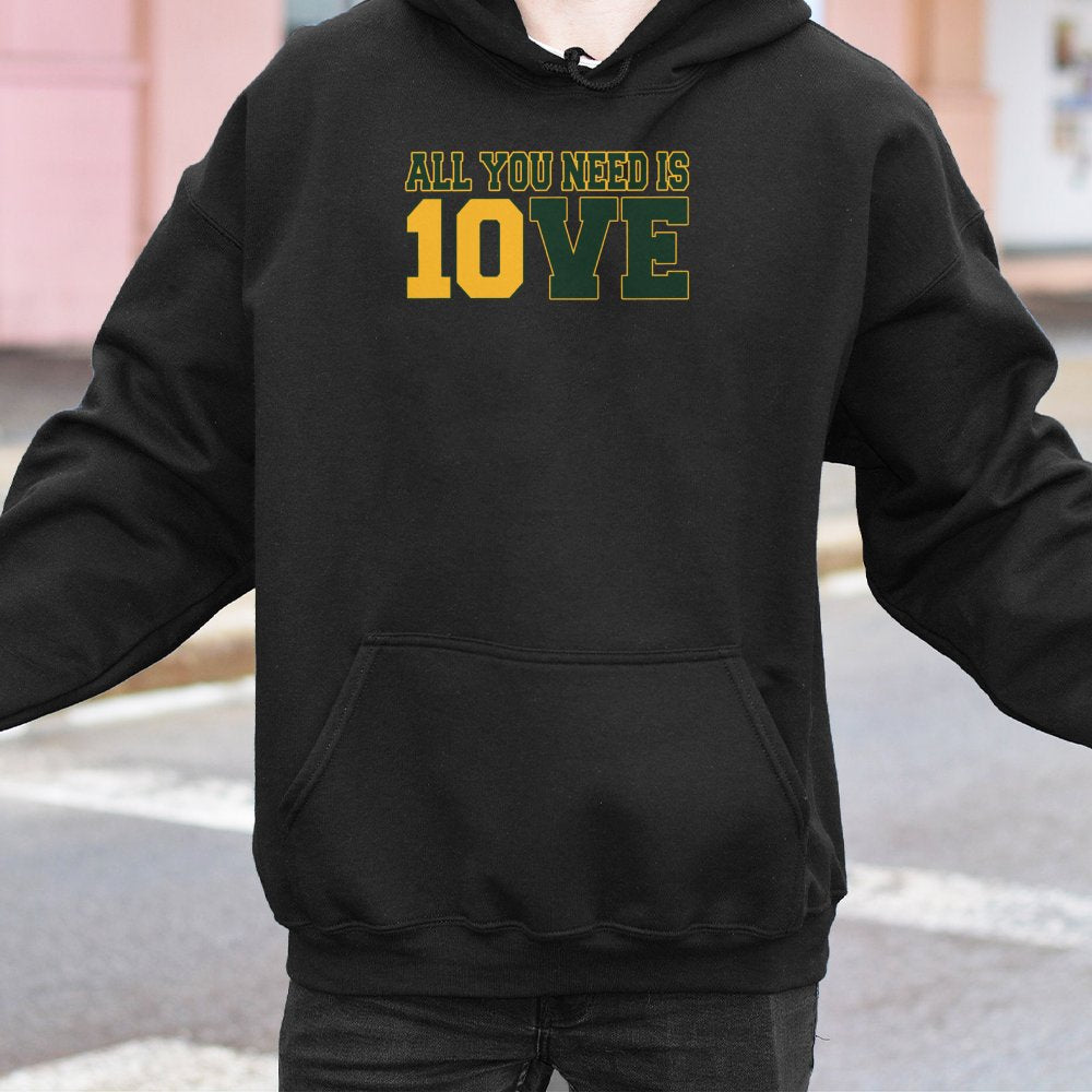 Jordan Love Football Hoodie | All You Need Is Love Graphic Print | Premium Cotton-Poly Blend | Unisex Green Bay Fan Gift