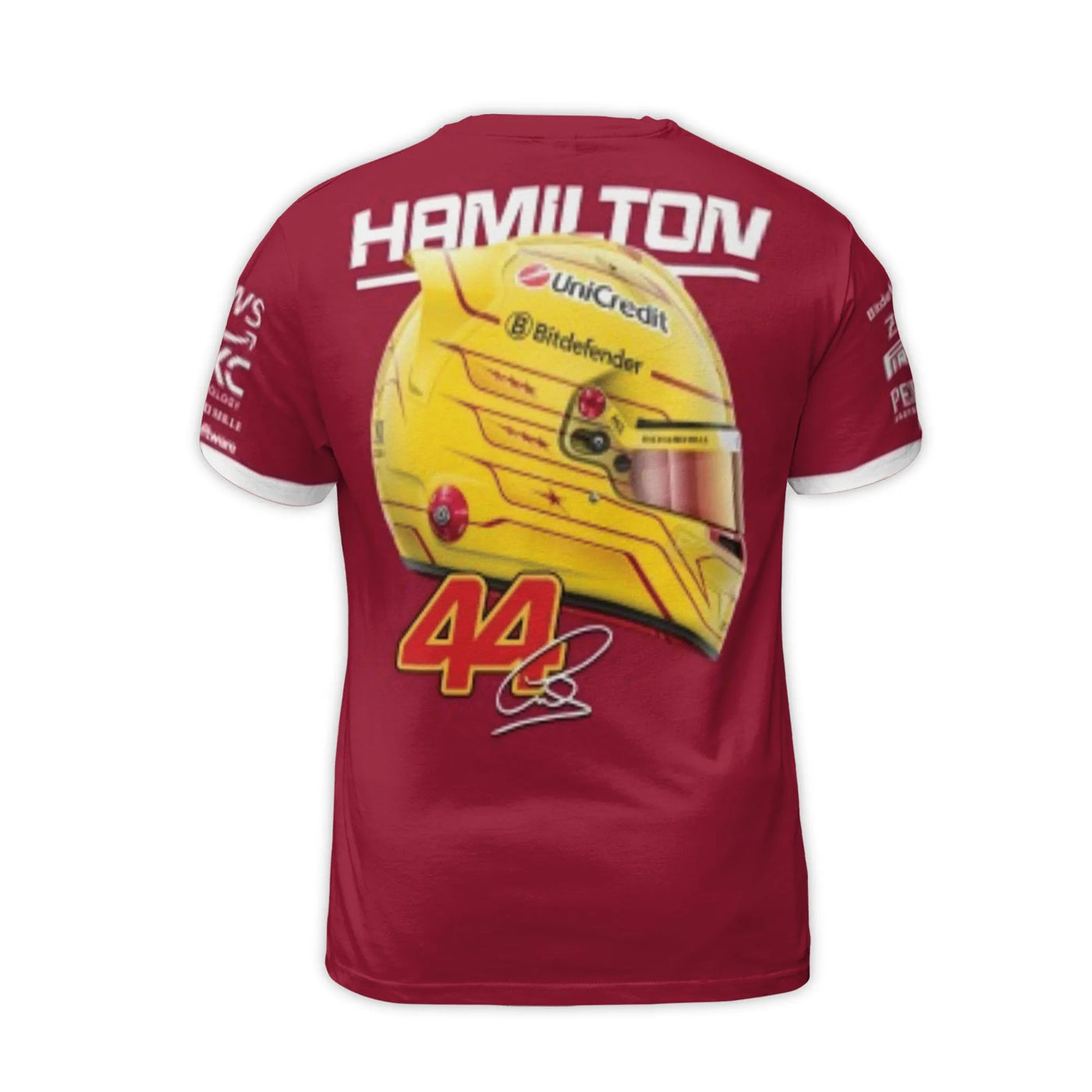 Lewis Hamilton Ferrari 3D T-Shirt | Racing Helmet & Sponsor Graphics | Premium Polyester Jersey | F1 Fan Apparel & Motorsport