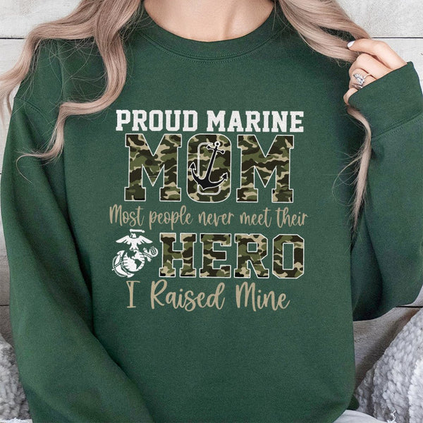 Proud Marine Mom Sweatshirt | Camo Military Hero Graphic | Premium Cotton Blend | Gift for USMC Mother, Graduation, Deploymen