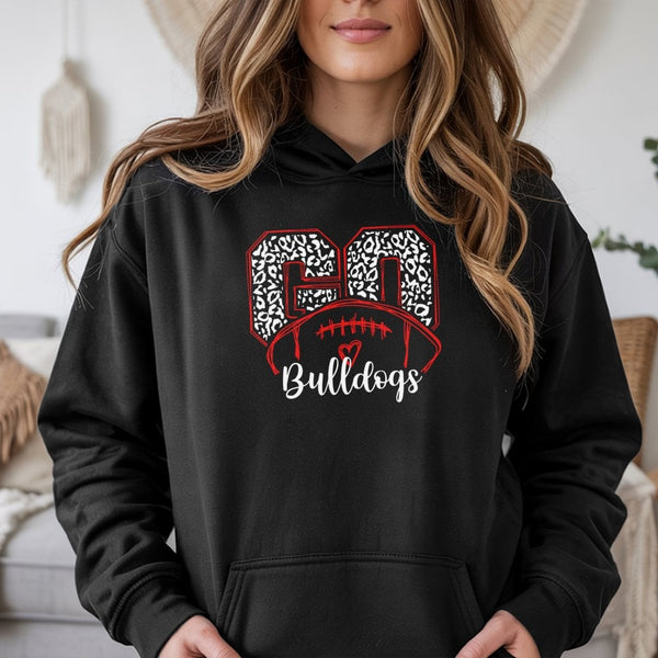 Bulldogs Football Hoodie | Leopard Print Game Day Graphic | Soft Cotton-Poly Blend | Unisex Spirit Wear for Fans and Students