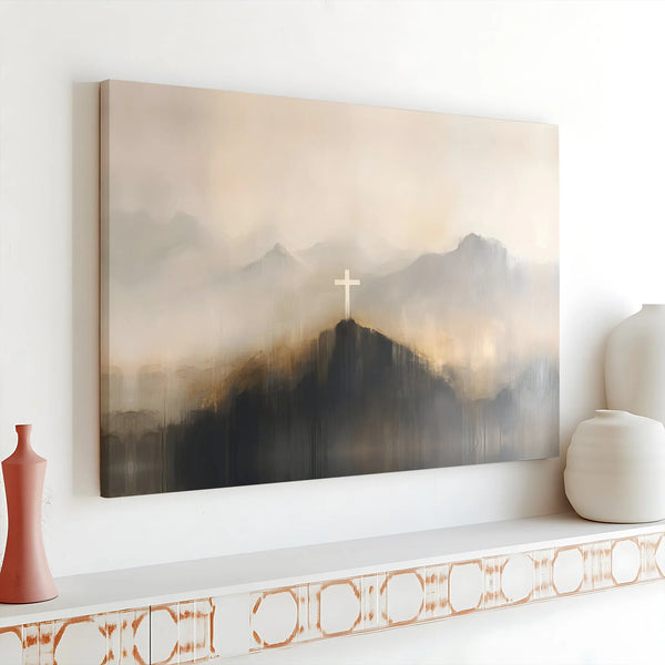 Christian Cross Canvas Wall Art | Abstract Misty Mountain Landscape | Premium 1.25-Inch Gallery Wrap | Religious Home Office 