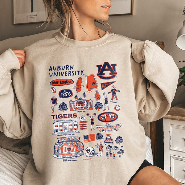 Auburn University Game Day Sweatshirt | Tigers Campus Landmarks Collage Graphic | Premium Cotton Blend | Unisex Gift for Stud