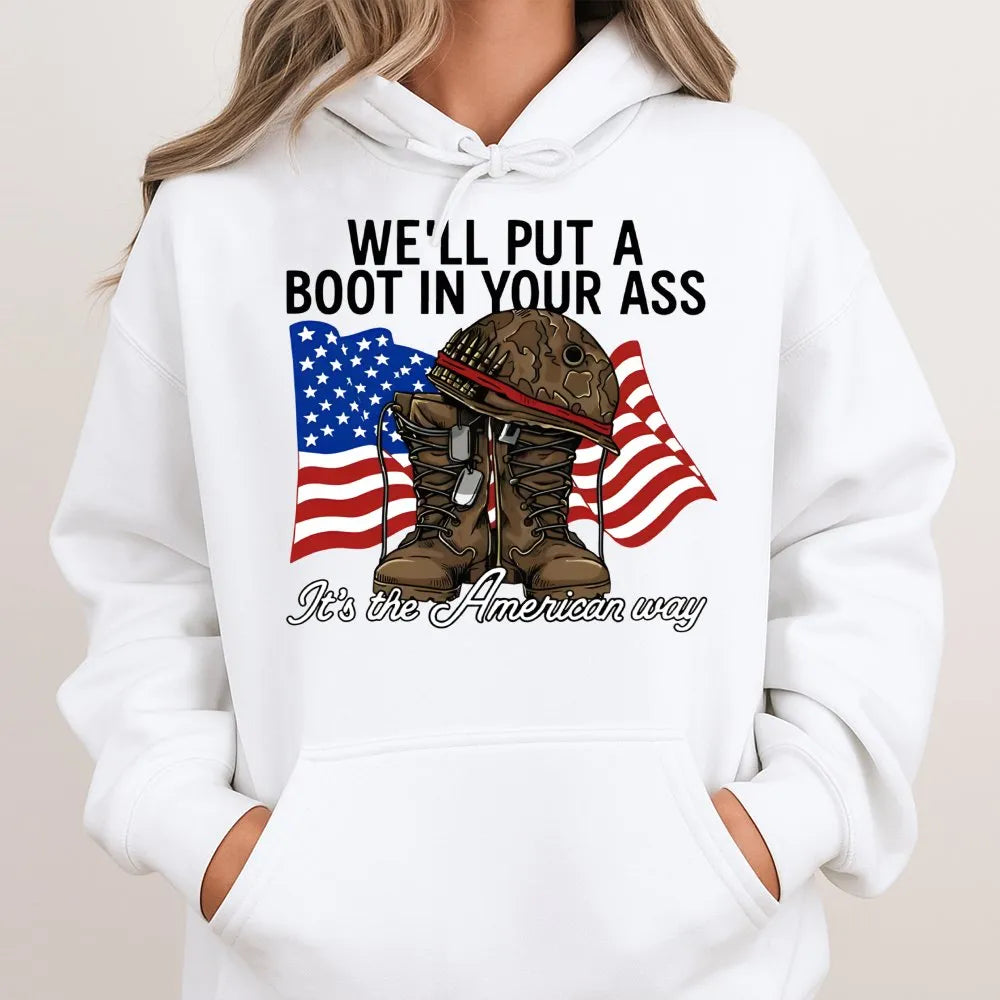 American Flag Military Hoodie | Patriotic Soldier Boots & Helmet Design | Soft Cotton Blend | Gift For Veterans & Country Mus