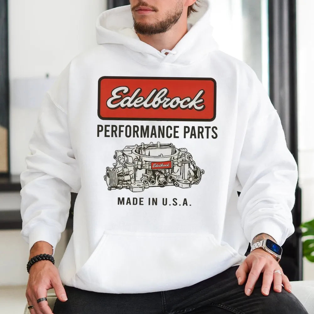 Edelbrock Performance Parts Hoodie | Classic Racing Carburetor Graphic | Premium Cotton Blend | Gift for Car Enthusiasts and 