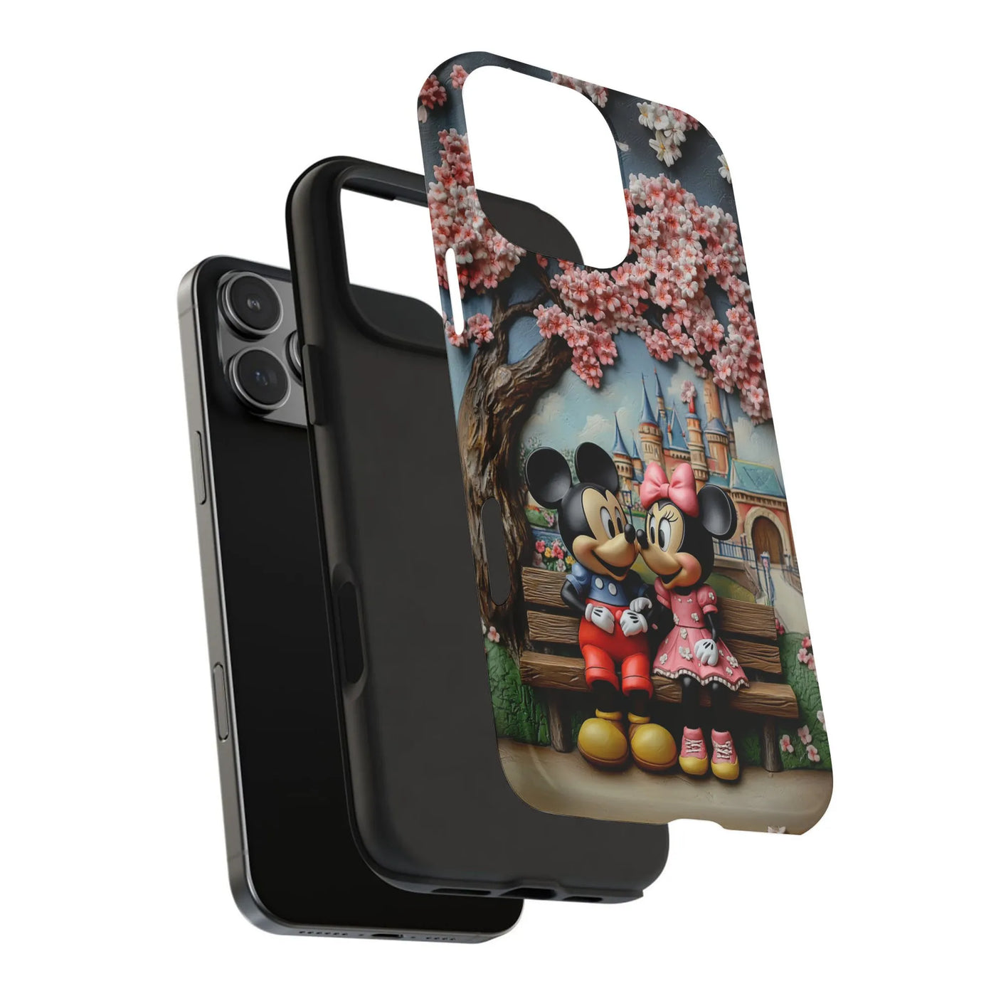 Cartoon Mouse Couple iPhone Case | Cherry Blossom Castle Design | Dual-Layer Polycarbonate | Premium Protective Gift for Disn