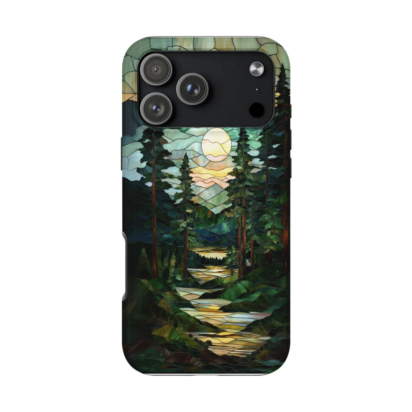 Stained Glass Landscape iPhone Case | Forest River Mountain Art | Dual-Layer Polycarbonate Protection | Nature Lover Gift for