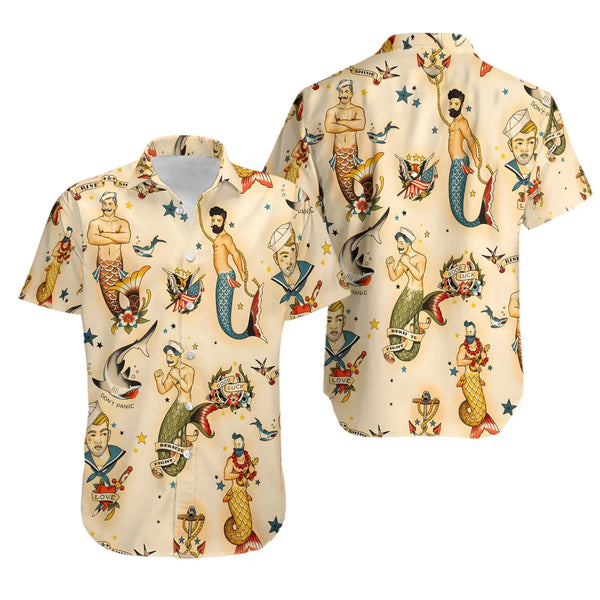 Male Mermaid Hawaiian Shirt | Vintage Sailor Tattoo Print | Lightweight Camp Collar | Unique Ocean Gift For Men