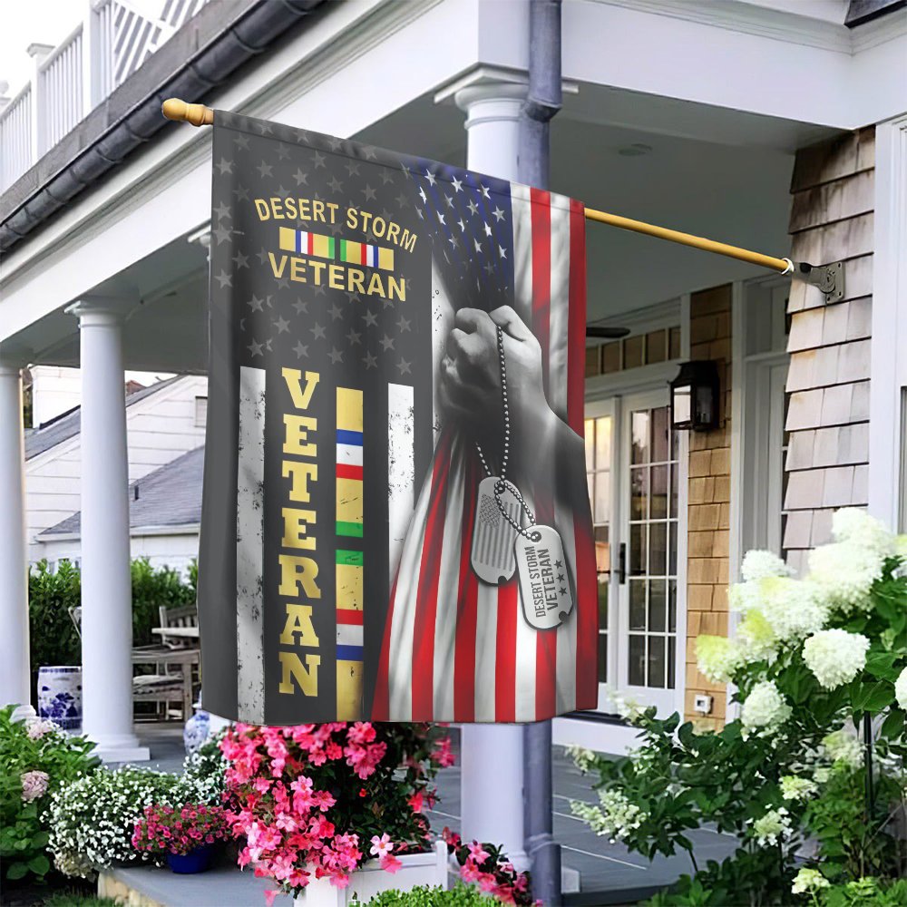 Desert Storm Veteran Garden Flag | US American Military Dog Tag Design | Premium Weather-Resistant Polyester | Patriotic Gift
