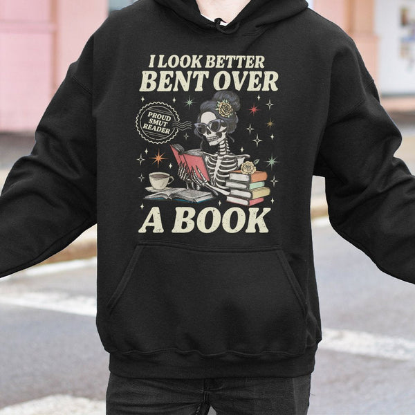 Smut Reader Hoodie | Funny Skeleton Bookworm Graphic | Premium Cotton Blend | Gift for Romance Book Lovers