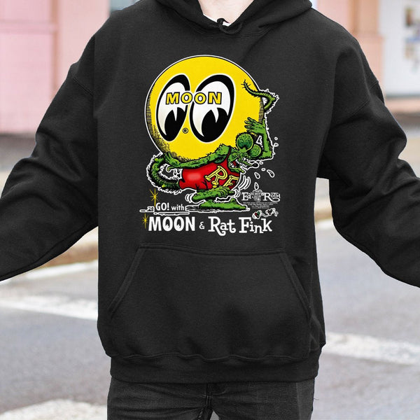 Mooneyes x Rat Fink Hoodie | Vintage Hot Rod Racing Graphic | Premium Cotton Blend | Gift for Car Enthusiasts & Retro Fashion