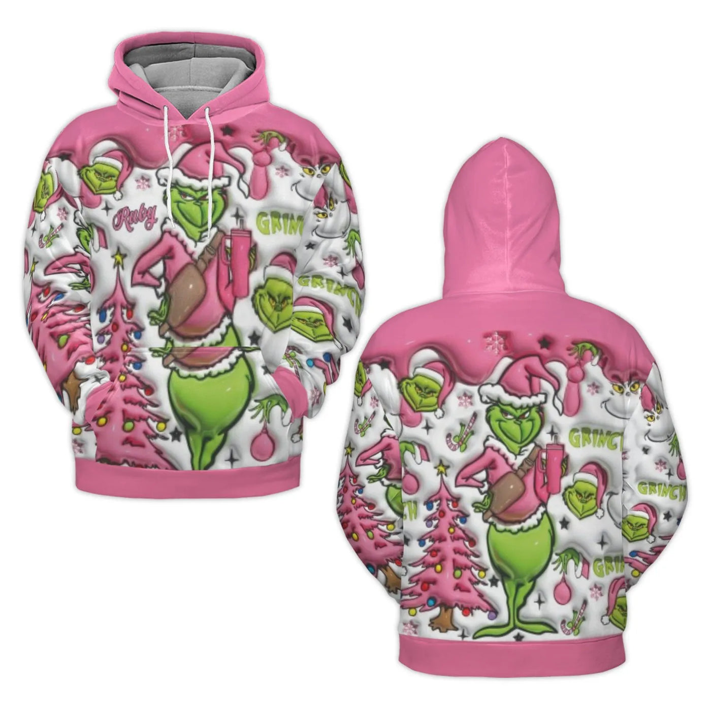 Pink Grinch Christmas Hoodie | All-Over Print Holiday Sweater | Premium Polyester Brushed Fleece | Festive Unisex Winter Pull