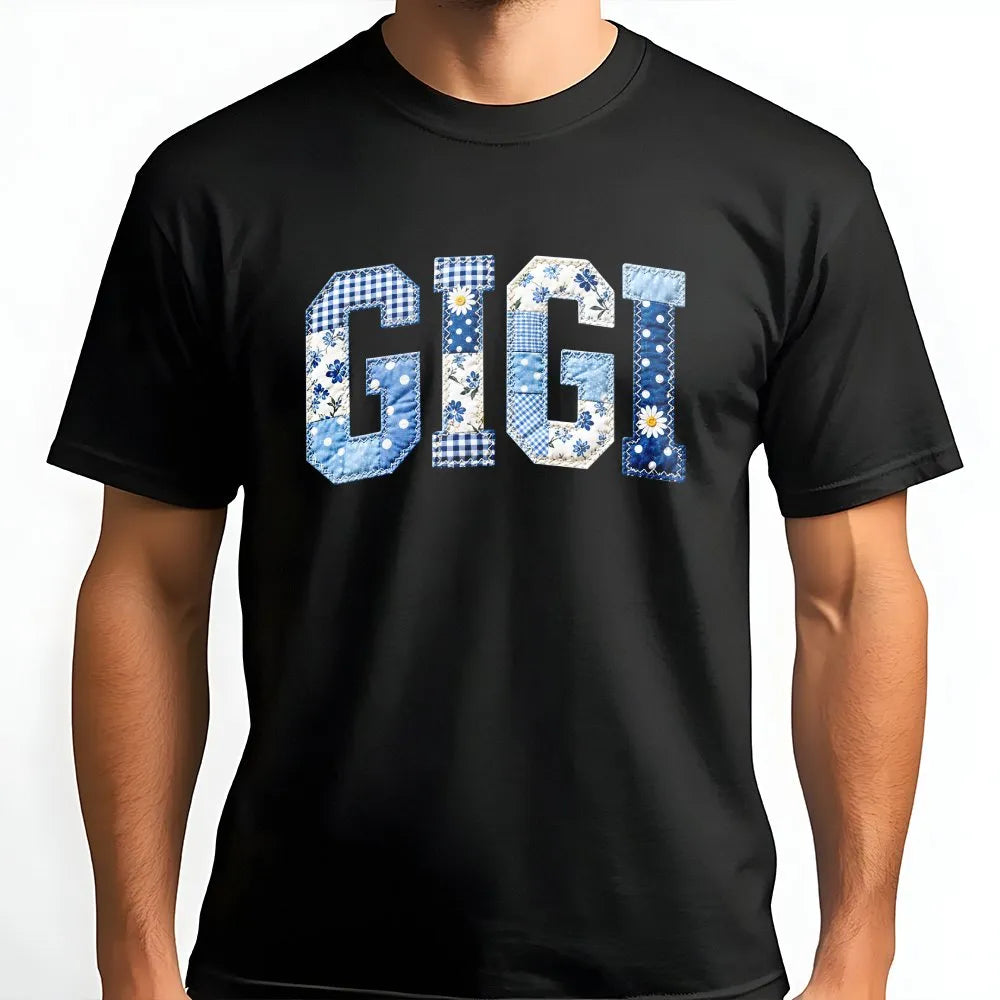 Gigi T-Shirt | Blue Patchwork Faux Appliqué Letters | Soft Cotton Tee | Mothers Day Gift for New Grandma
