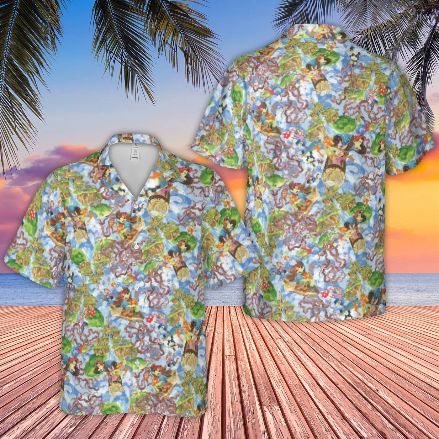 Tropical Theme Hawaiian Shirt | Splash Mountain Ride Character All-Over Print | Lightweight Woven Polyester | Fun Vacation Gi