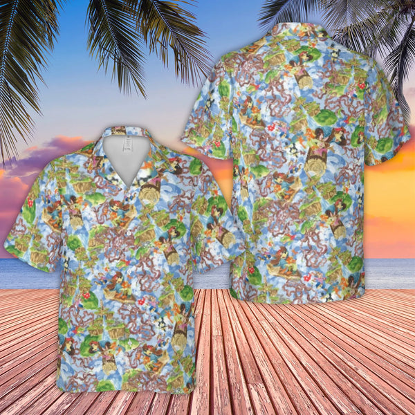 Tropical Theme Hawaiian Shirt | Splash Mountain Ride Character All-Over Print | Lightweight Woven Polyester | Fun Vacation Gi