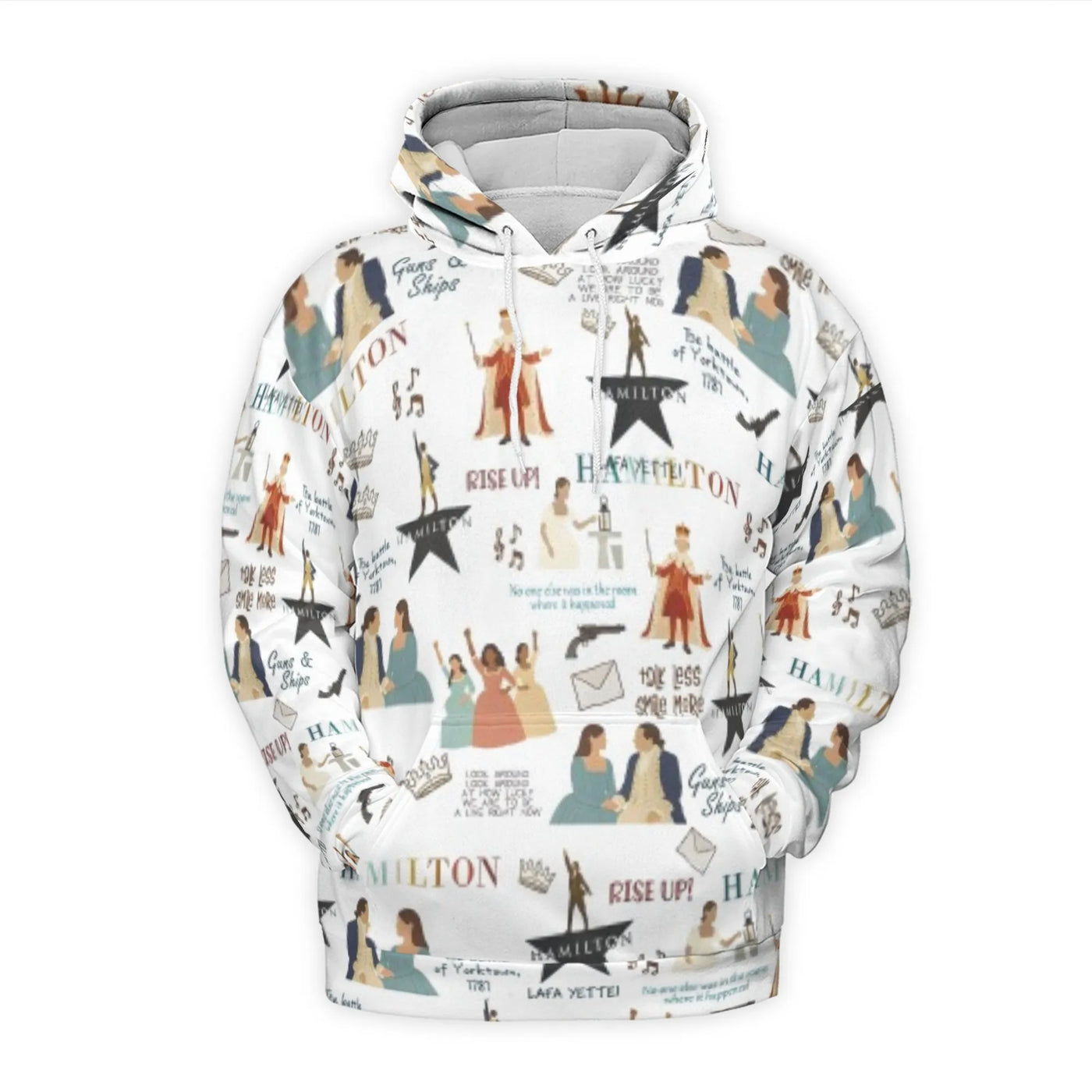 Musical Theatre Fan Hoodie | Hamilton Collage All-Over Print | Premium Polyester Brushed Fleece | Unique Broadway Gift for Wo