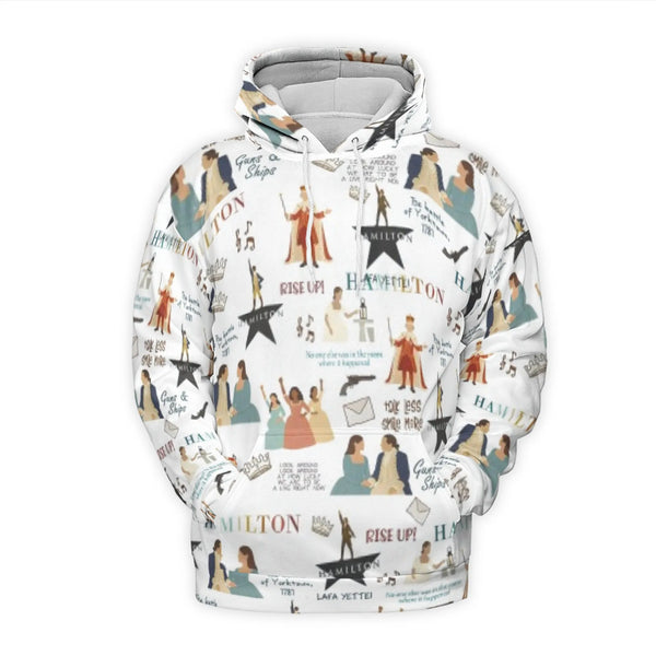 Musical Theatre Fan Hoodie | Hamilton Collage All-Over Print | Premium Polyester Brushed Fleece | Unique Broadway Gift for Wo