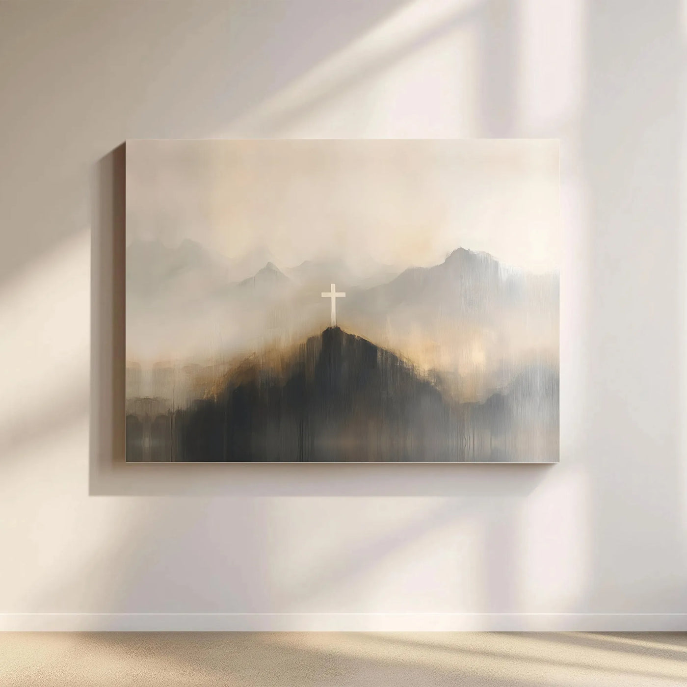 Christian Cross Canvas Wall Art | Abstract Misty Mountain Landscape | Premium 1.25-Inch Gallery Wrap | Religious Home Office 