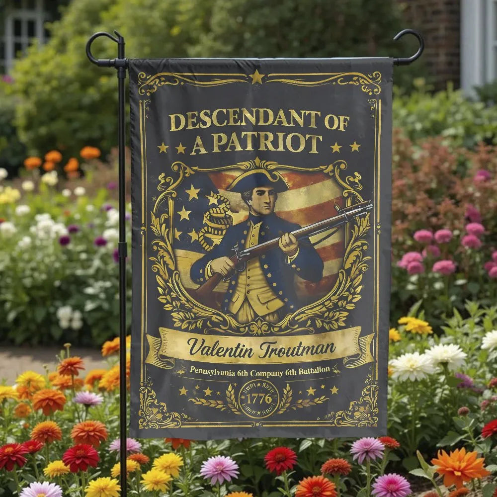Descendant of a Patriot Garden Flag | Personalized 1776 Revolutionary War Design | Weatherproof Double Sided Polyester | Gift