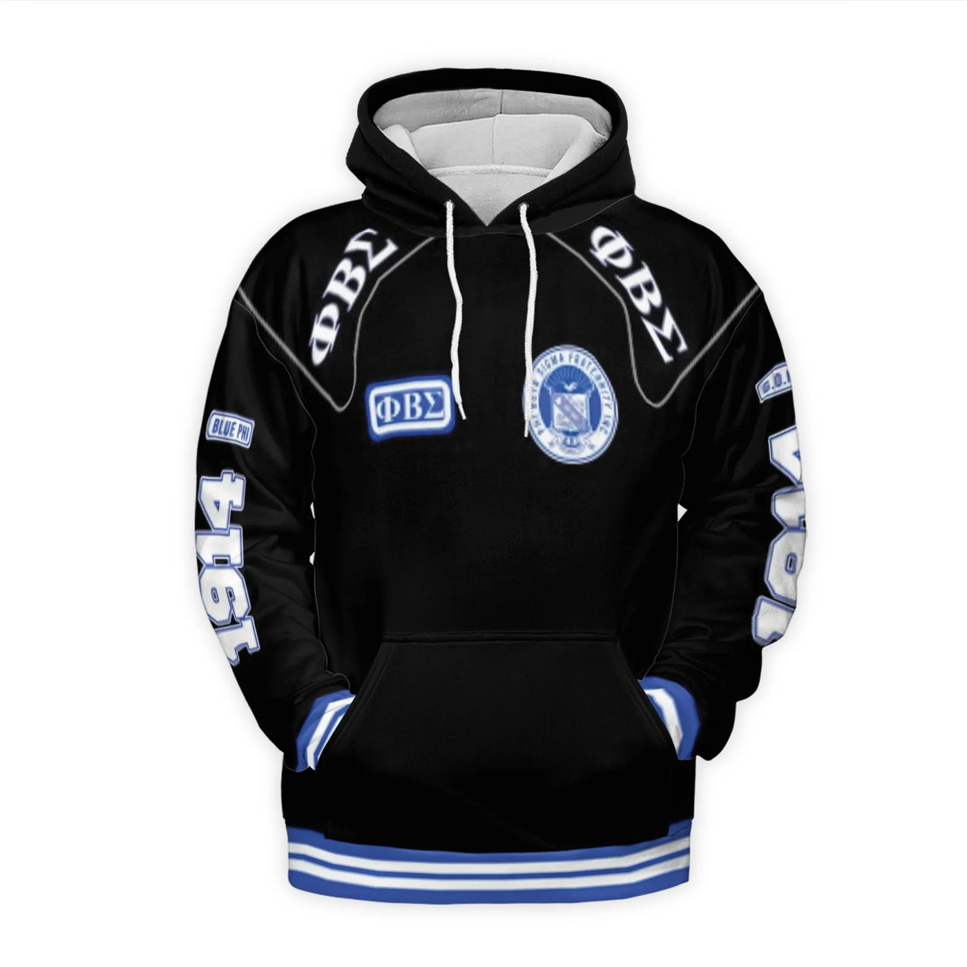 Phi Beta Sigma Fraternity 3D Hoodie | Blue and Black Greek Letters Apparel | Premium Brushed Fleece Pullover | G.O.M.A.B. Gif