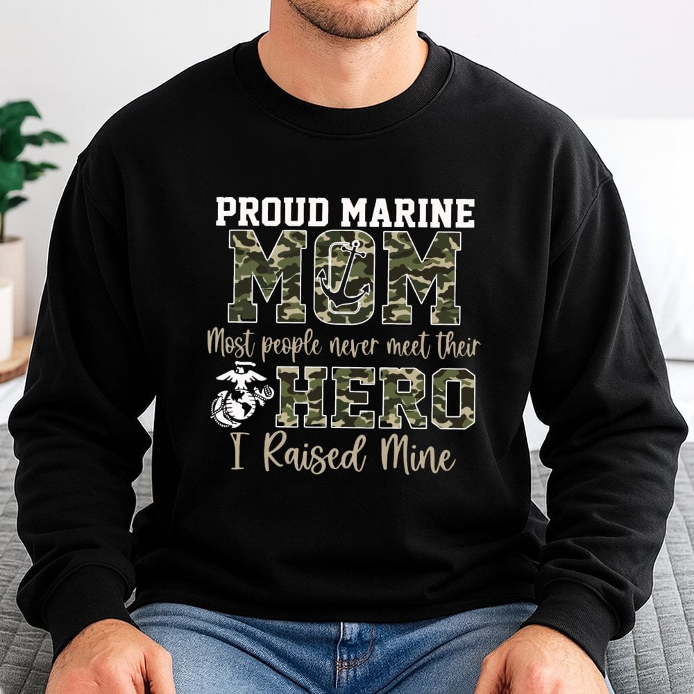 Proud Marine Mom Sweatshirt | Camo Military Hero Graphic | Premium Cotton Blend | Gift for USMC Mother, Graduation, Deploymen