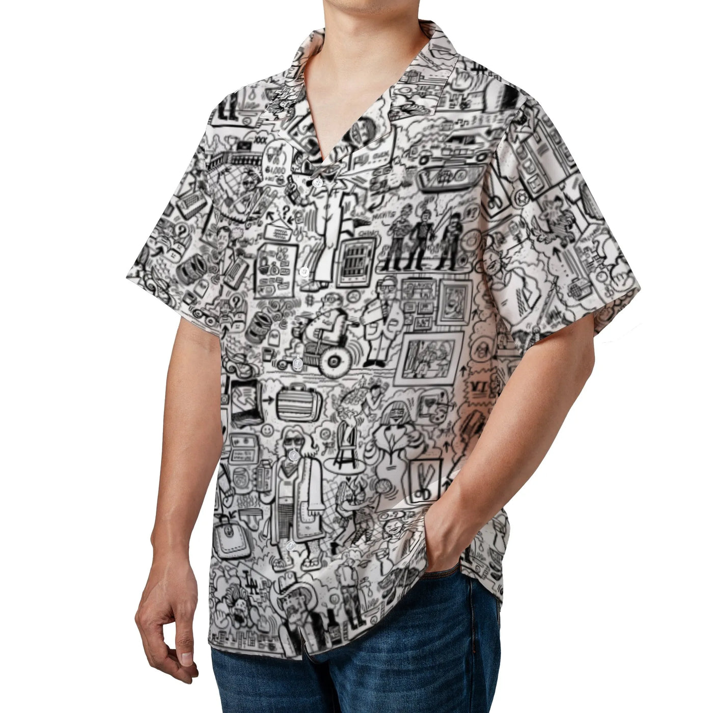 Cult Classic Movie Character Hawaiian Shirt | Doodle Collage Graphic Print | Premium Woven Polyester | Fun Birthday Gift For 