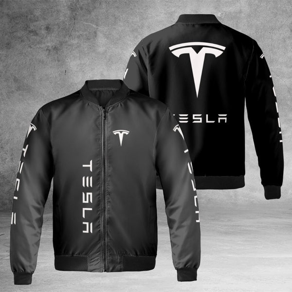 Tesla Logo Bomber Jacket | Unisex Full Zip Streetwear Coat | Durable Nylon Quilted Outerwear | Premium Gift for Electric Car 